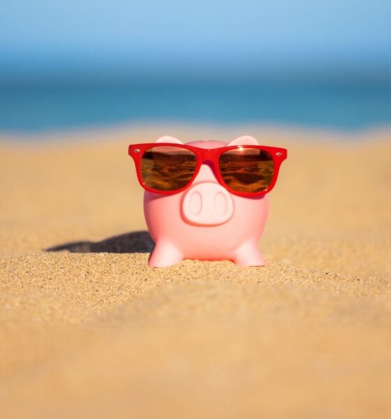 A piggy bank at the beach wearing sunglasses