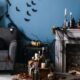 Chair and mantle setting with Halloween decor