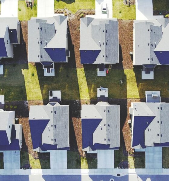 Aerial view of a neighborhood with similar houses