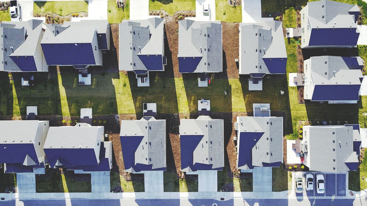 Aerial view of a neighborhood with similar houses