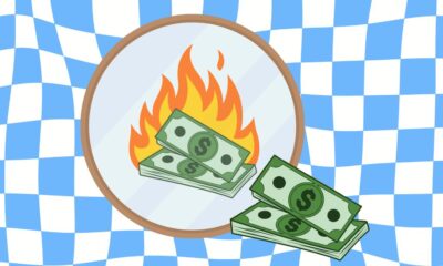 Illustration of money in front of a mirror. The reflection shows the money on fire to depict money dysmorphia.