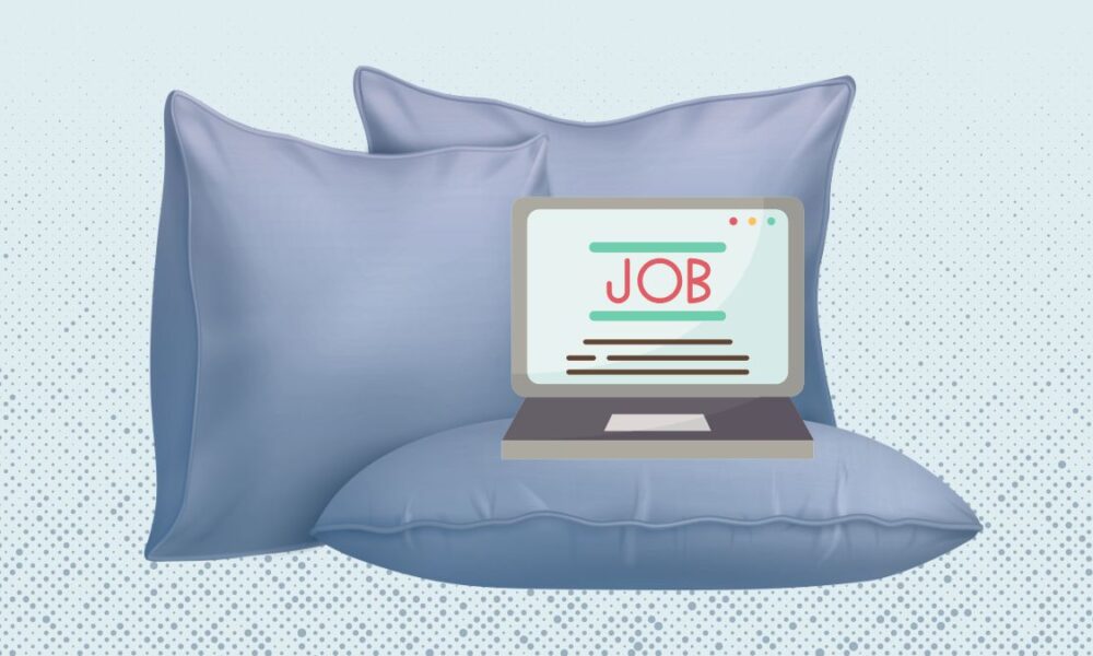 Graphic illustration of a laptop positioned on top of a pillow and surrounded by pillows