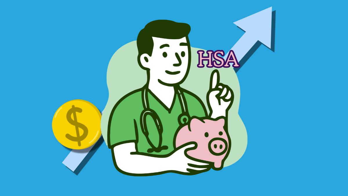 Graphic of male medical worker holding a piggy bank pointing to the words HSA