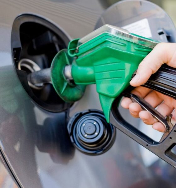Closeup of hand holding a green gas pump filling up car