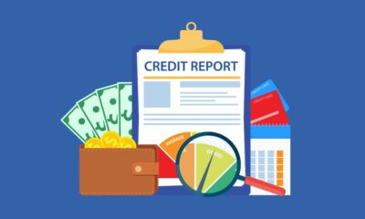 Illustration of credit report on a clipboard with magnifying glass