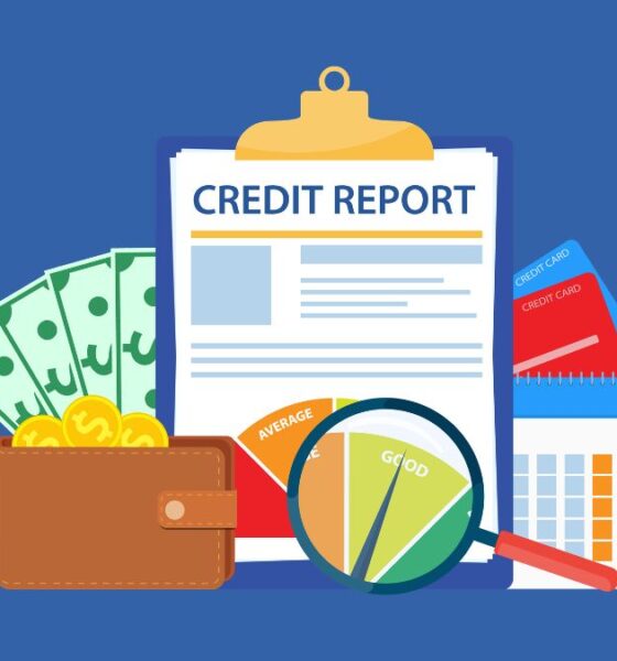 Illustration of credit report on a clipboard with magnifying glass