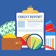 Illustration of credit report on a clipboard with magnifying glass